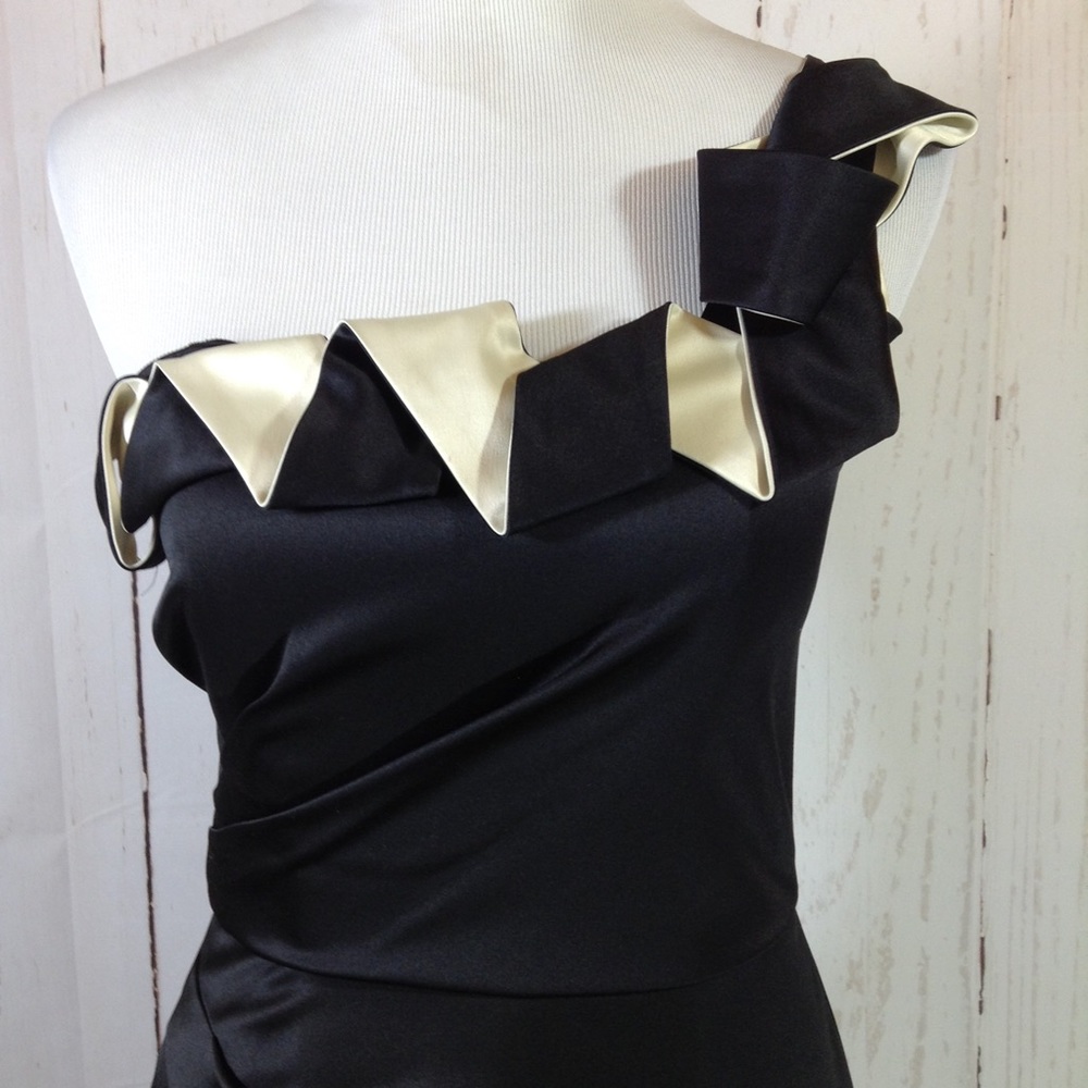 Black & Ivory Satin One Shoulder Cocktail Dress 6 - Picture 2 of 5